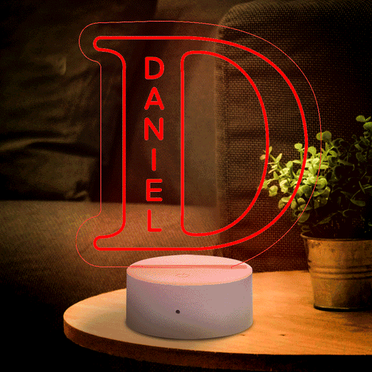 Custom name LED night light, acrylic letter D, personalized gift for Daniel. Home decor with USB port.