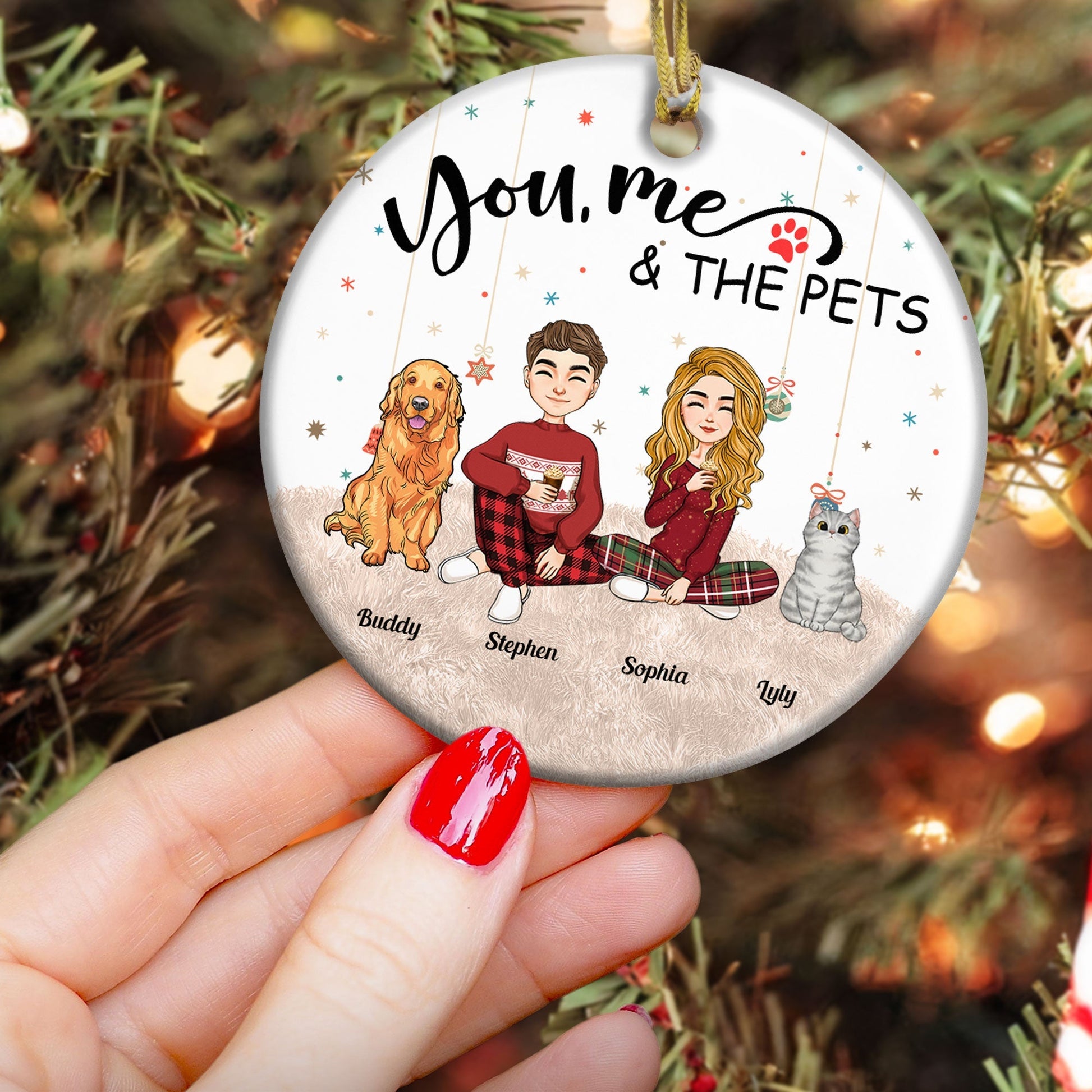 Personalized You, Me & The Pets ceramic ornament for family, custom Christmas decoration