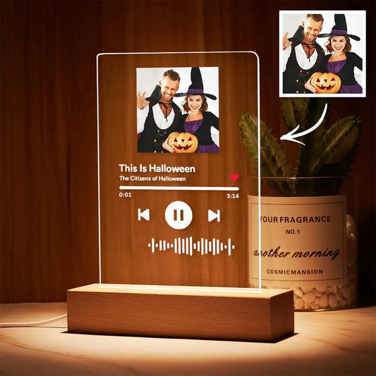 Custom acrylic music song plaque night light with Halloween photo, wooden base and scannable code