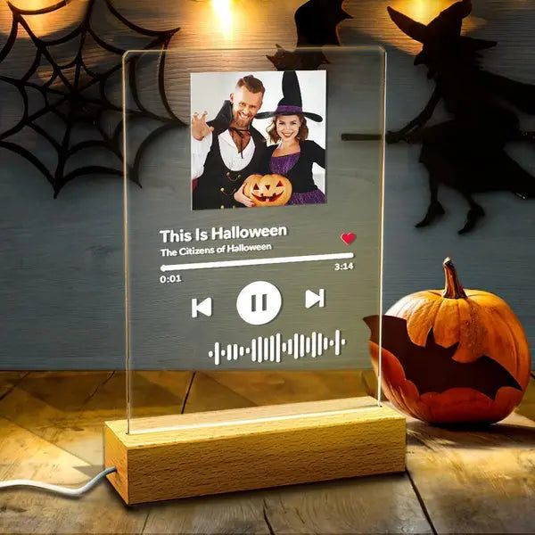 Custom Halloween photo music plaque night light with scannable code, wooden base.