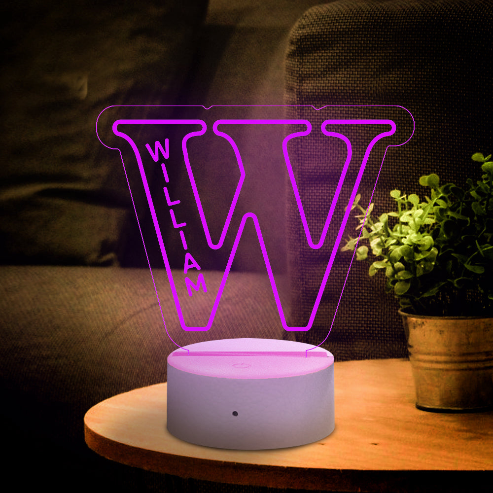 Custom W LED Night Light with WILL name, acrylic lamp, USB powered, home decor gift.